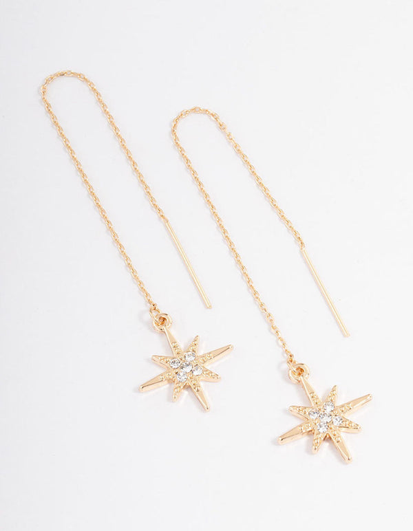 Gold Fine Diamante Star Threader Earrings