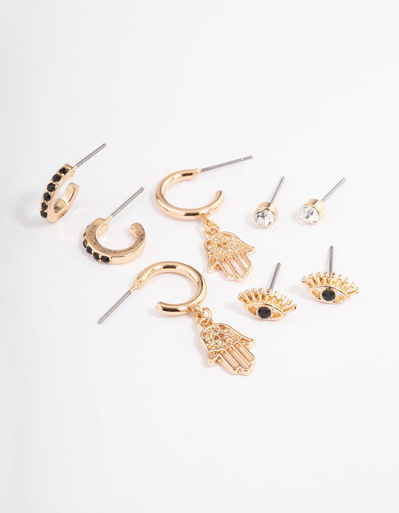 Gold Diamante Eye & Hand Earrings 4-Pack