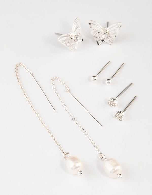 Silver Butterfly & Threader Earrings 4-Pack