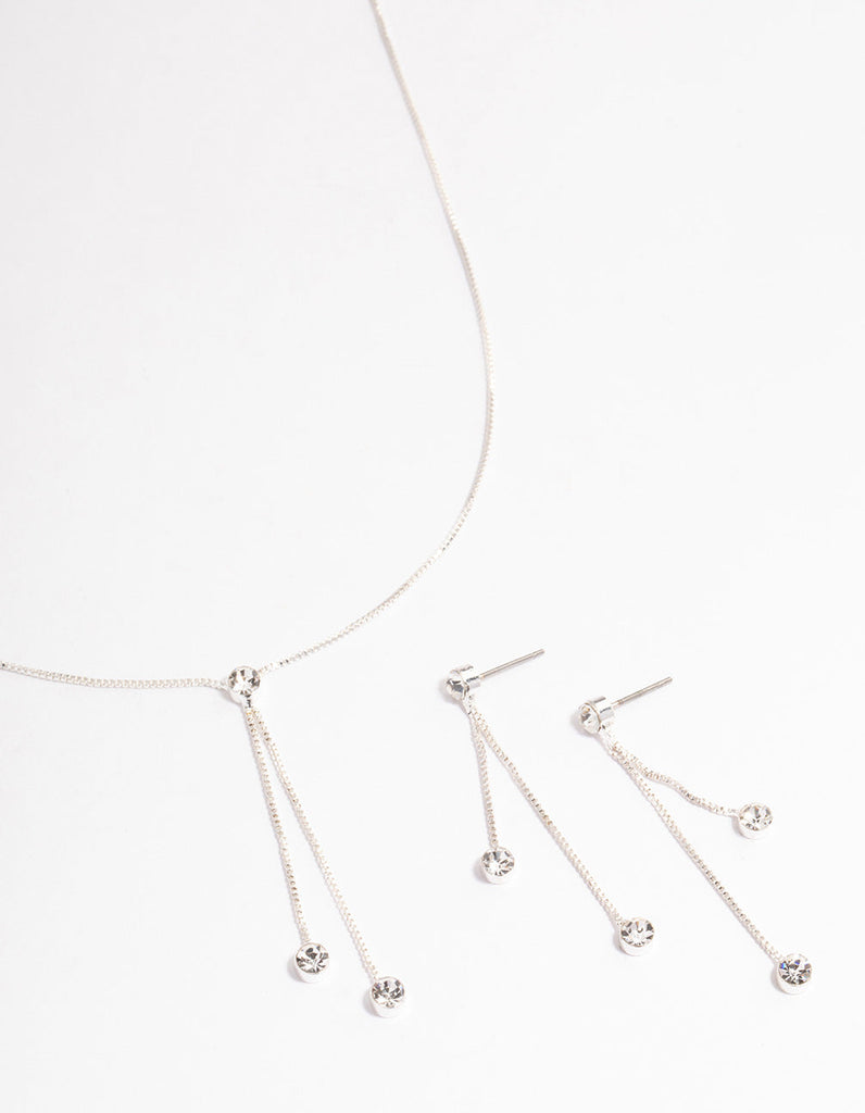 Silver Diamante Y-Shape Necklace & Drop Earrings Jewellery Set