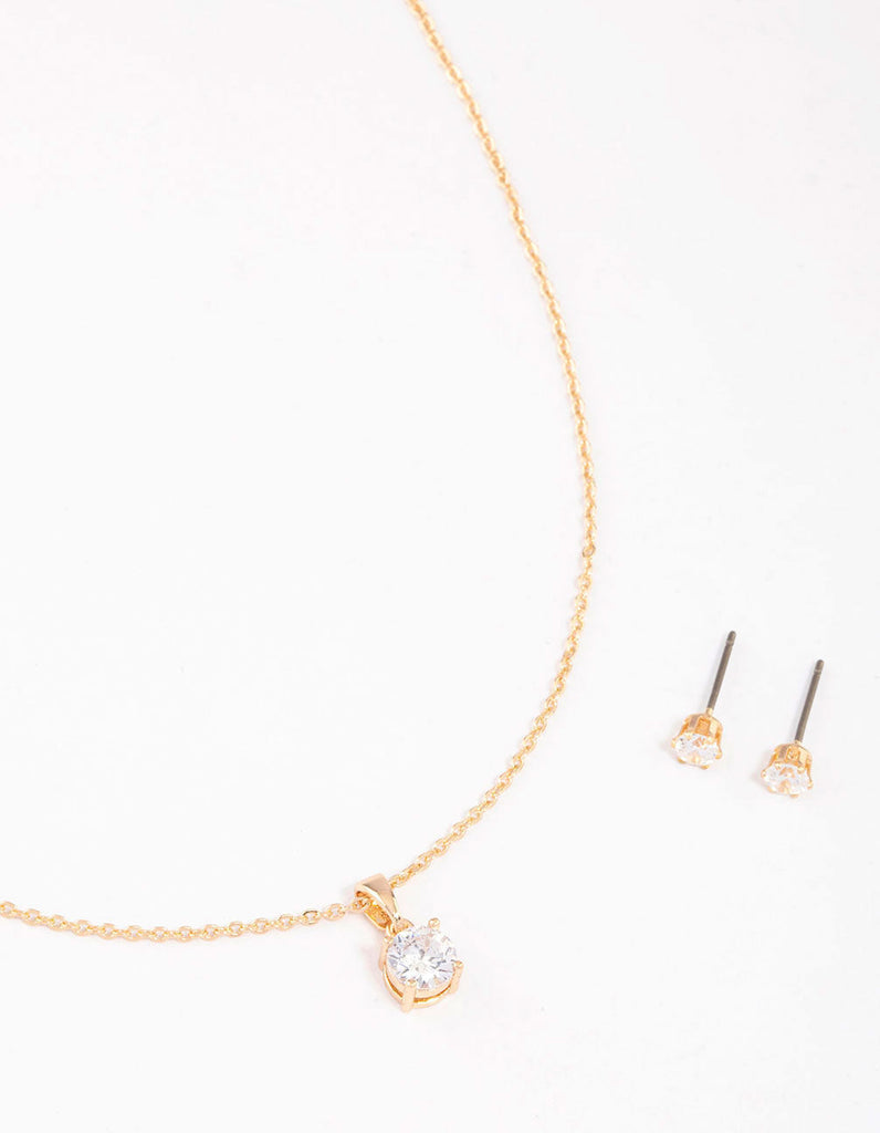 Gold Round Solitaire Necklace & Earring Set