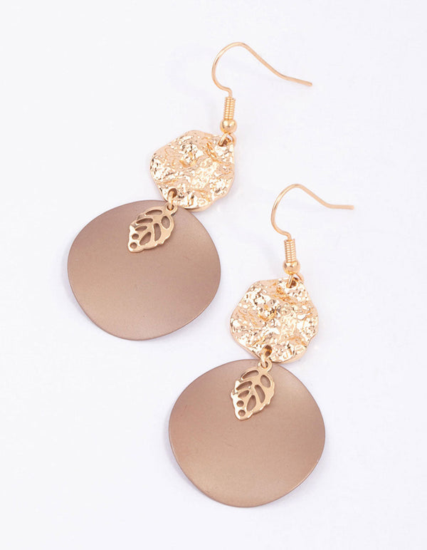 Gold Textured Disc Leaf Drop Earrings