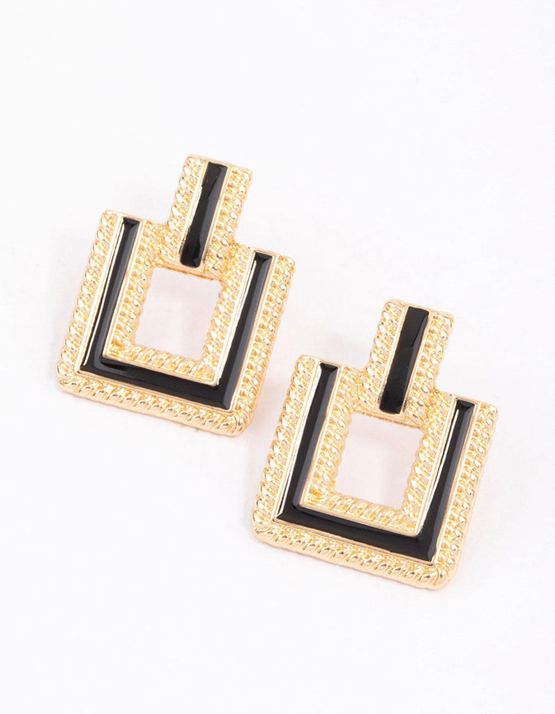 Gold Enamel Geometric Square Stud Earrings