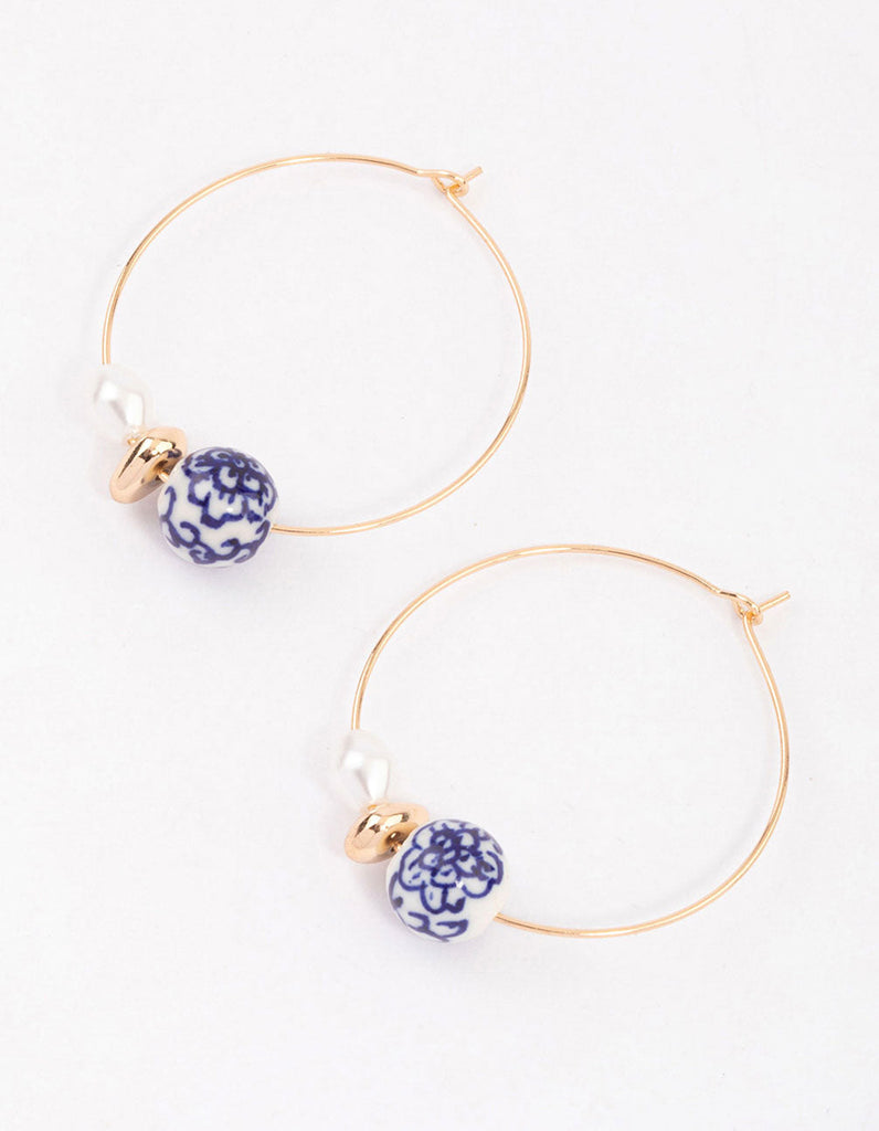 Blue Pearl & Ceramic Beaded Hoop Earrings