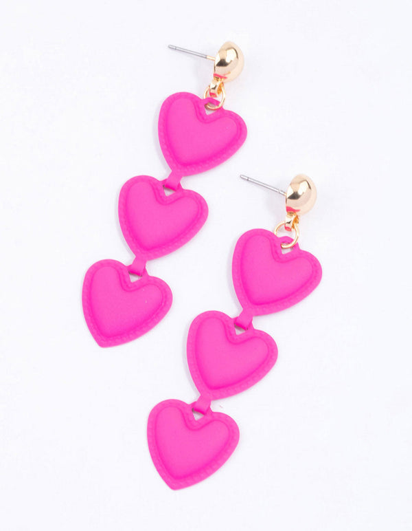 Pink Triple Puffy Heart Drop Earrings