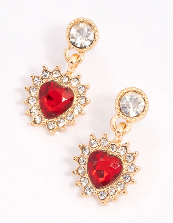 Red Halo Diamante Heart Drop Earrings