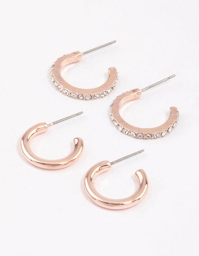 Rose Gold Plain & Diamante Huggie Earring Pack