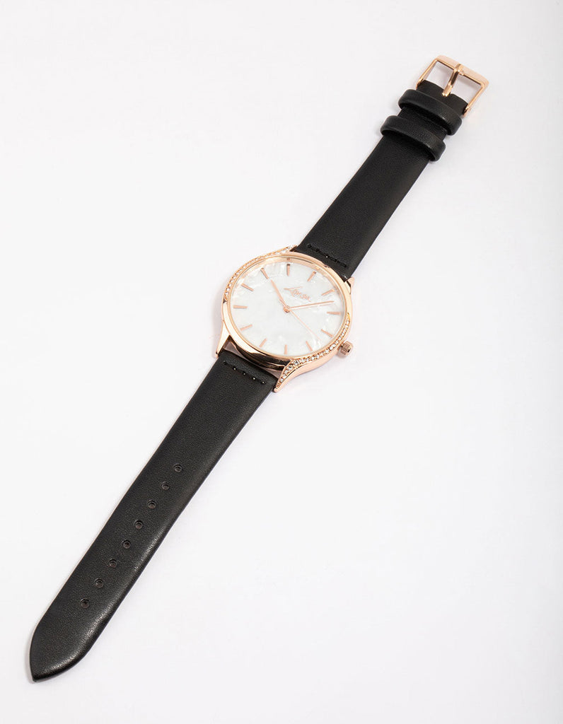 Rose Gold Pearlised Faux Leather Diamante Bezel Watch