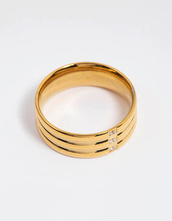 Gold Plated Stainless Steel Cubic Zirconia Triple Plain Band Ring