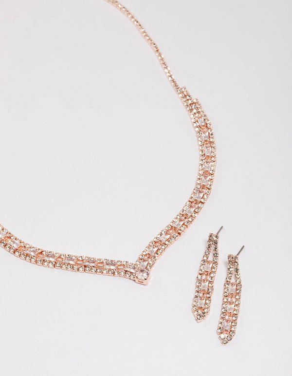 Rose Gold Rectangle Graduating Pendant Necklace & Earrings Set