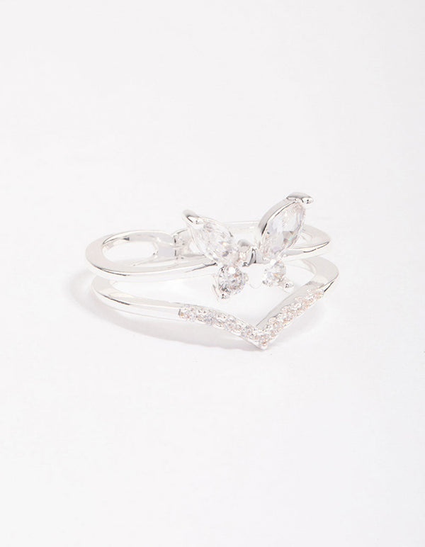 Silver Plated Cubic Zirconia Butterfly Double Band Ring