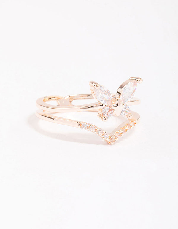 Rose Gold Plated Cubic Zirconia Butterfly Double Band Ring