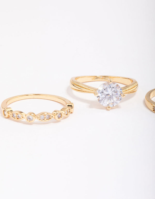 Gold Plated Cubic Zirconia Round Stone Ring Pack