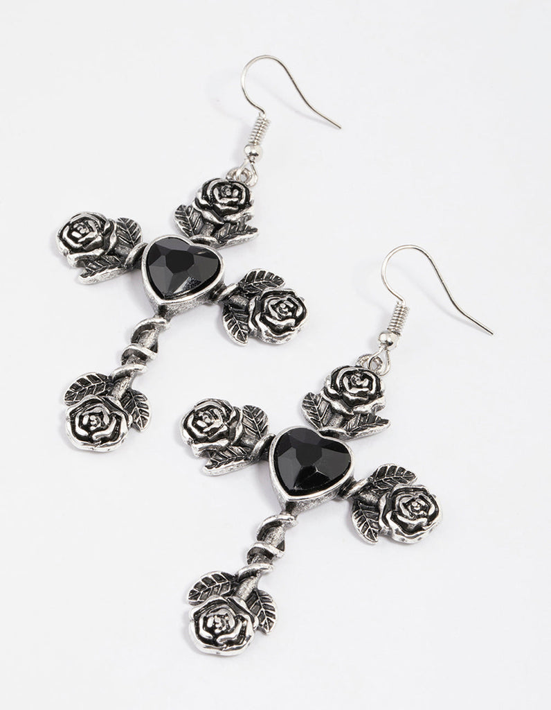Antique Silver Rose & Heart Drop Earrings