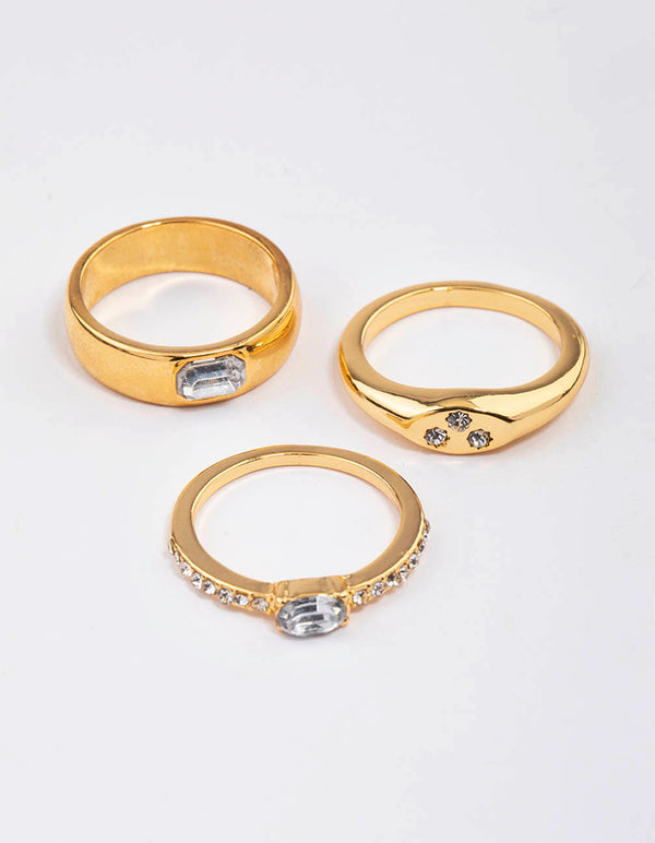 Gold Plated Round Diamante Signet Ring Pack