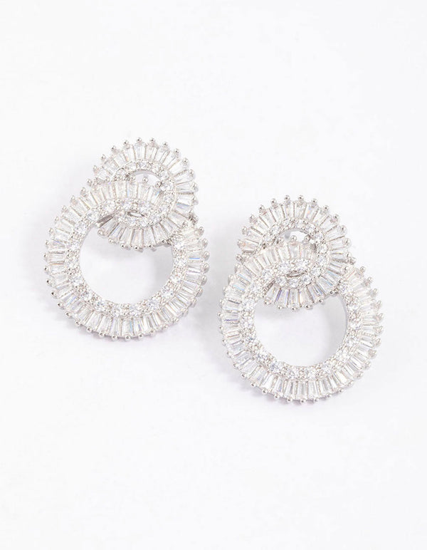 Rhodium Cubic Zirconia Double Circle Diamante Drop Earrings