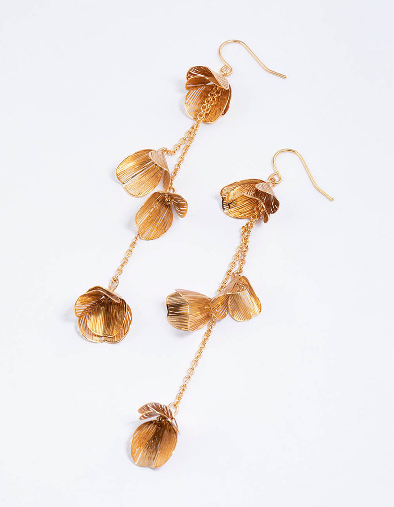 Gold Floral Leaf Hook Drop Earrings