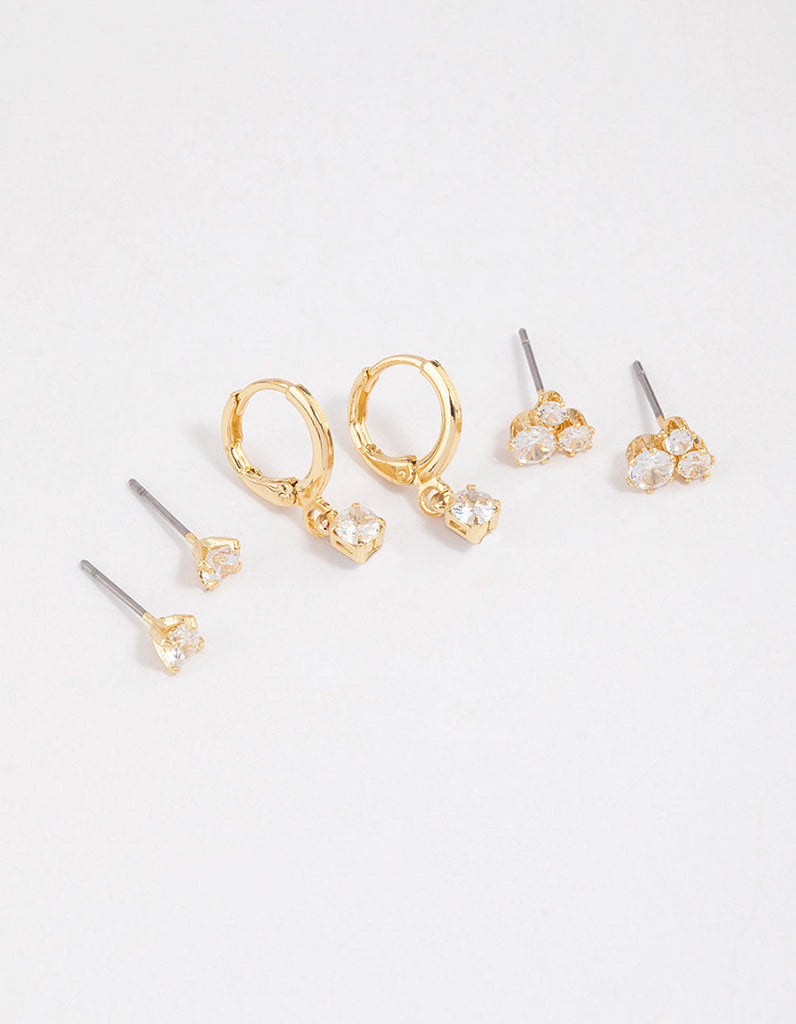 Gold Plated Cubic Zirconia Trio Stud Earrings 6-Pack