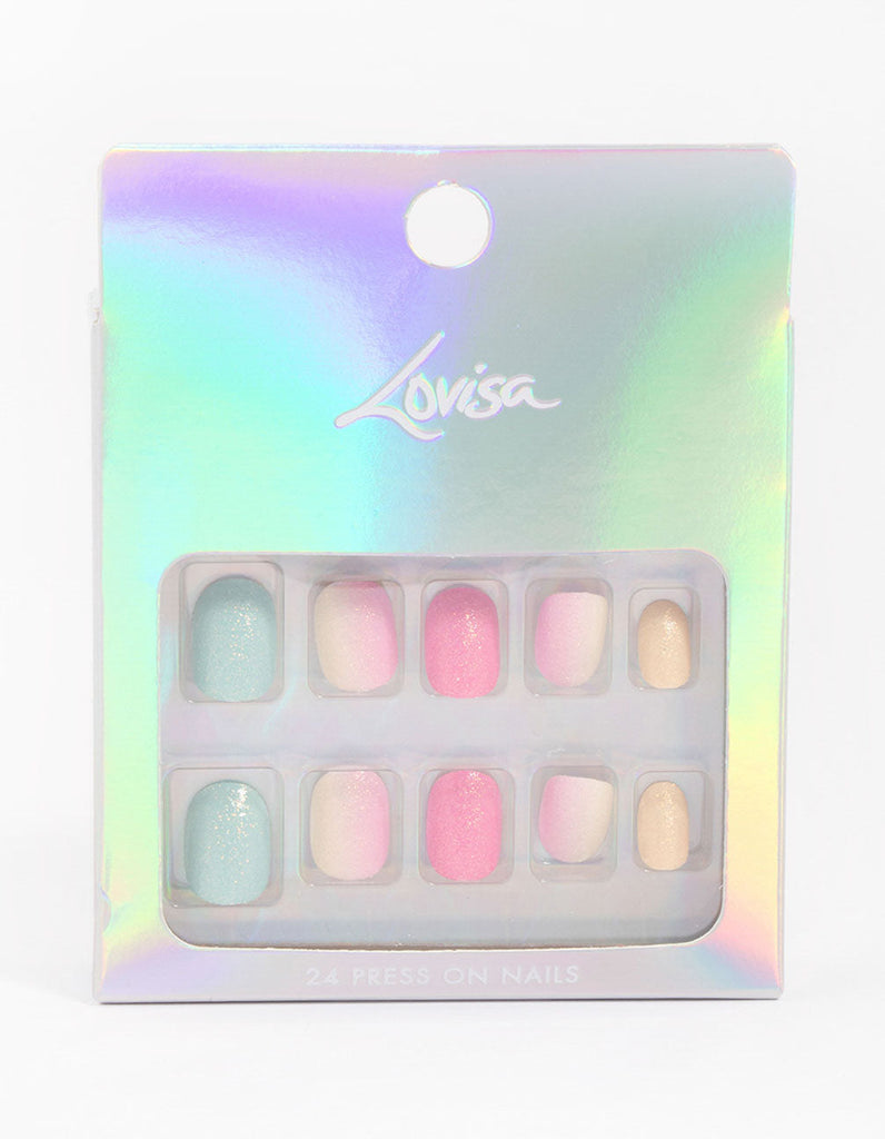 Tweens Rainbow Pastel Glitter Press On Nails