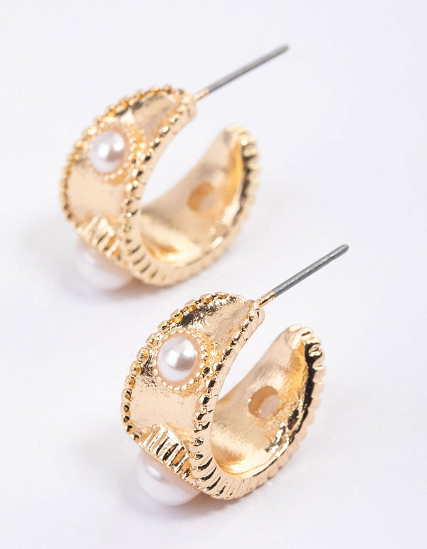 Gold Vintage Pearl Etched Hoop Earrings & Polishing Set