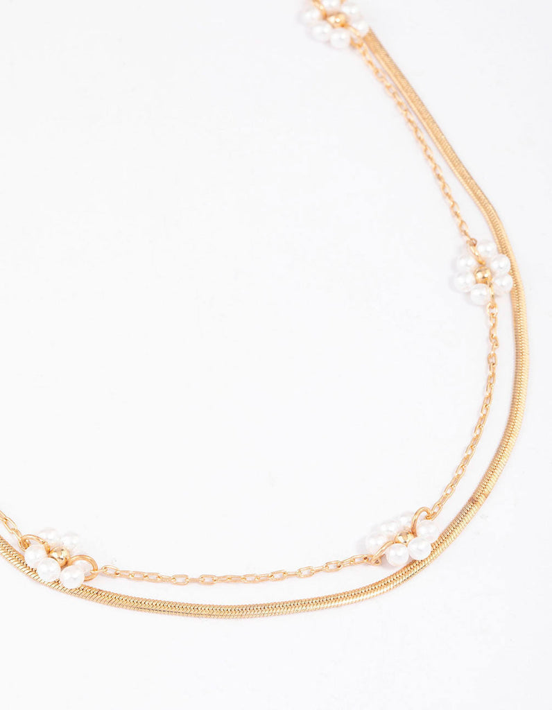 Gold Layered Chain Pearly Flower Necklace