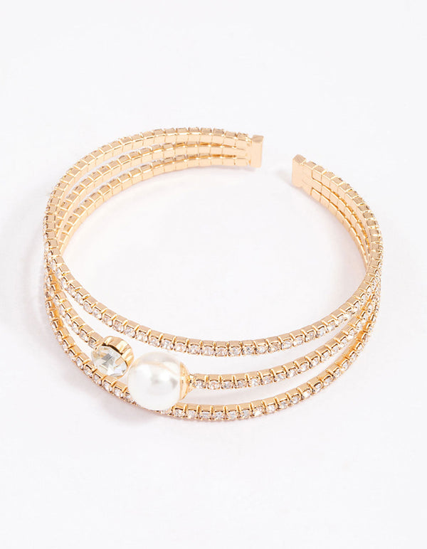 Gold Pearl Cupchain Wrist Cuff
