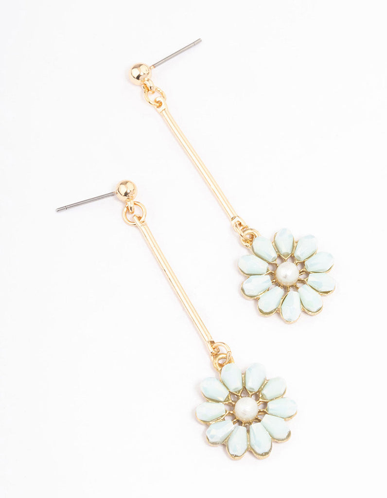 Mint Pearl Flower Bar Drop Earrings