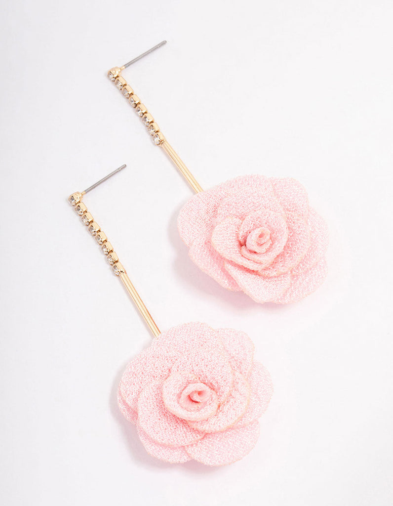 Pink Diamante Fabric Flower Drop Earrings