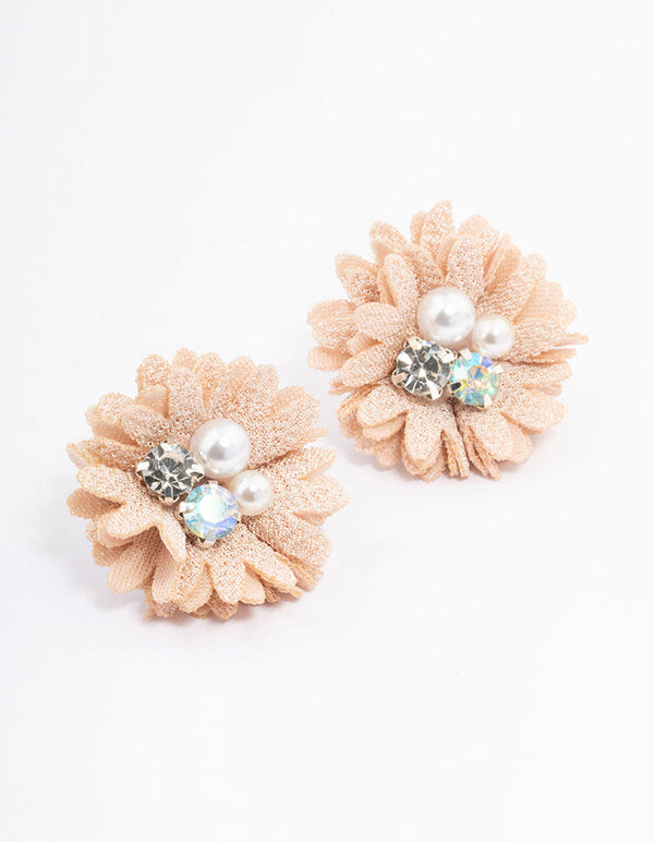 Blush Pearl & Diamante Flower Stud Earrings