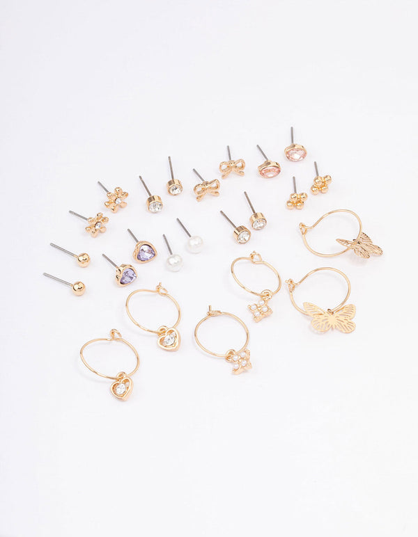 Gold Stone Bow & Floral Earring 12-Pack