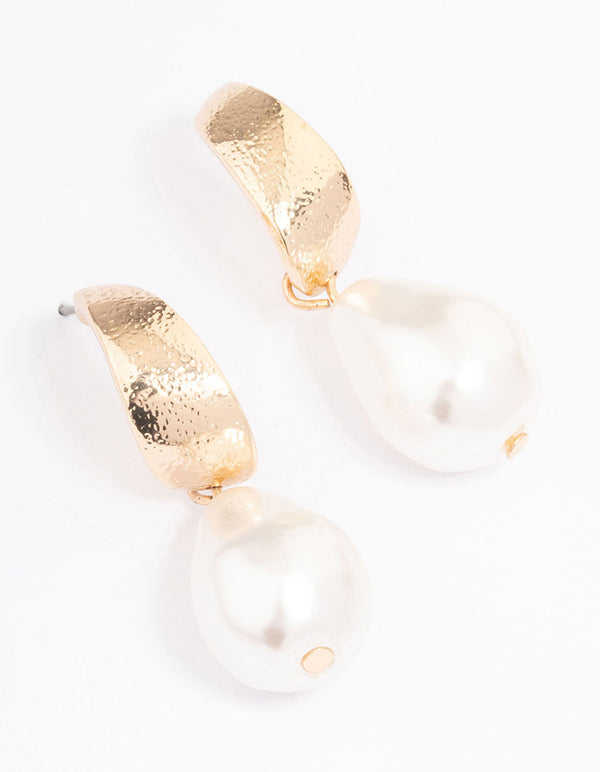 Gold Warped Hoop Pearl Drop Earrings