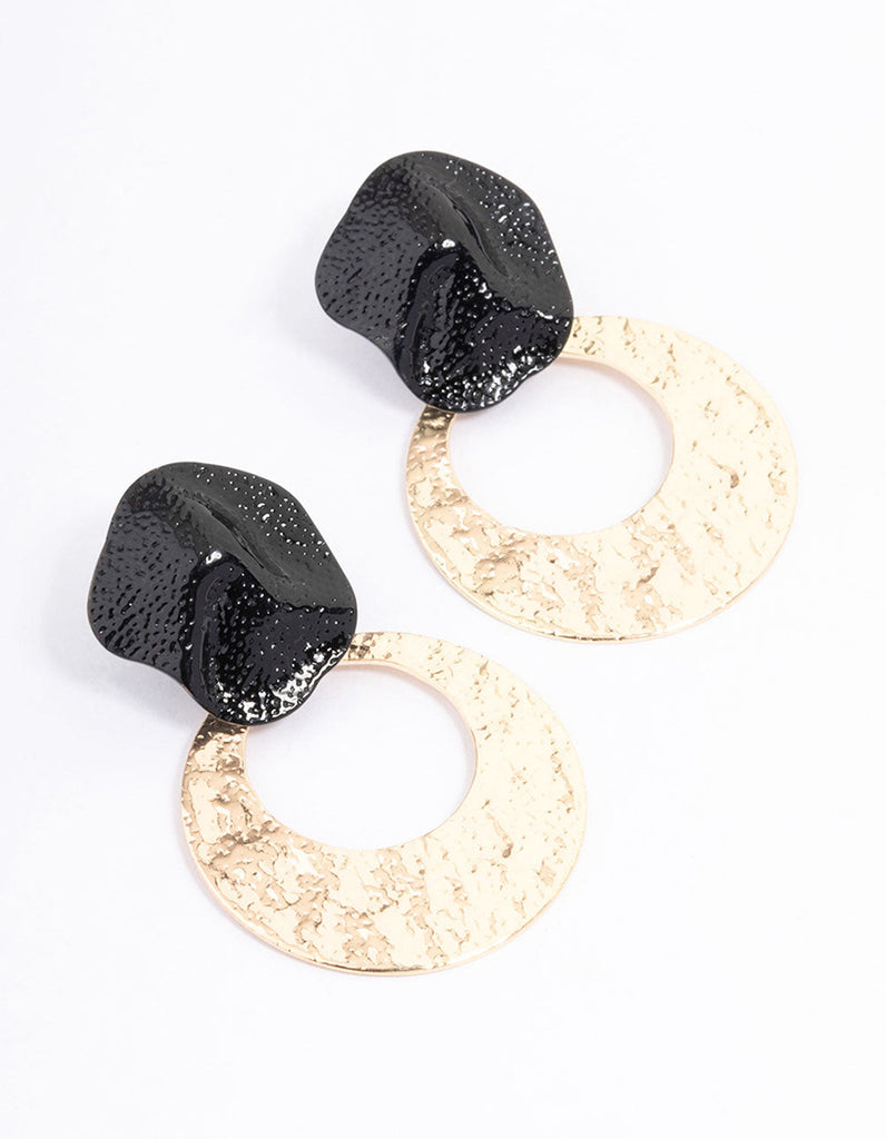 Black Molten Circle & Stone Drop Earrings