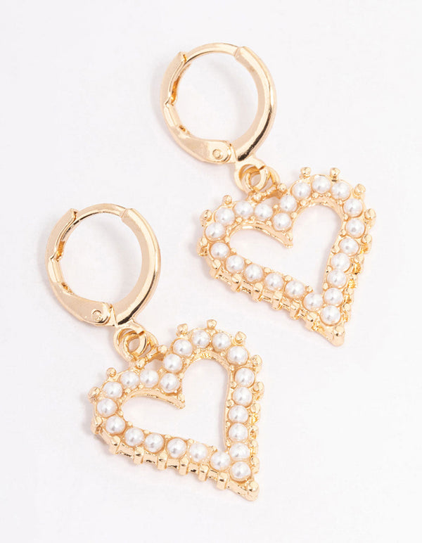 Gold Pearl Heart Drop Huggie Earrings