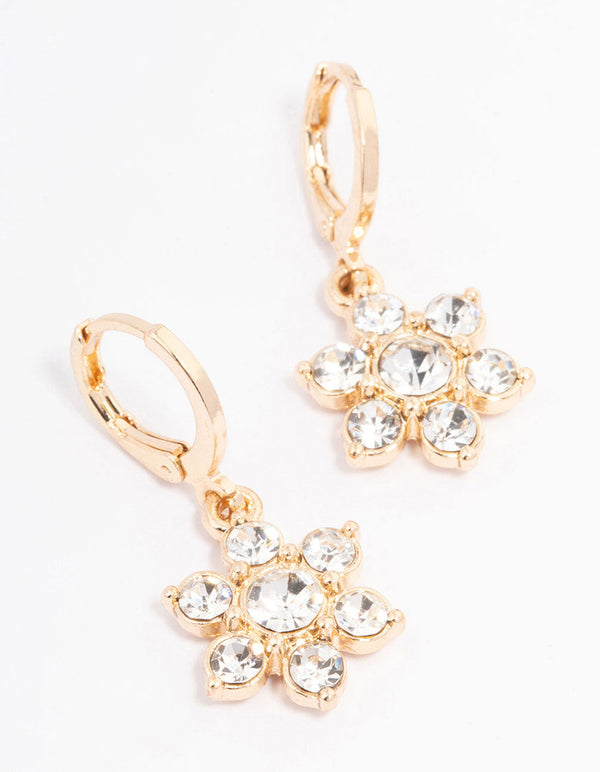 Gold Diamante Flower Drop Huggie Earrings