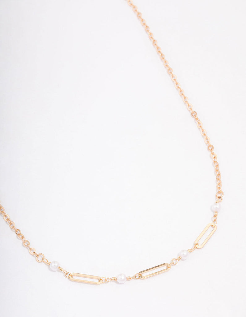 Gold Pearl Rectangle Link Short Necklace