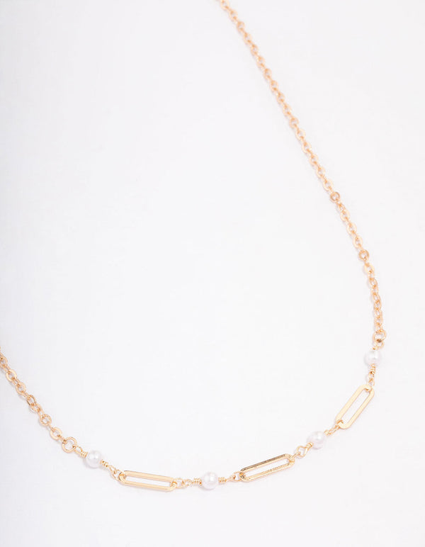 Gold Pearl Rectangle Link Short Necklace