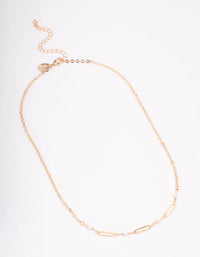 Gold Pearl Rectangle Link Short Necklace - link has visual effect only