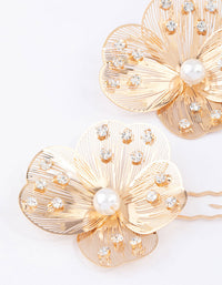 Gold Pearl Etched Flower Hair Pin Pack - link has visual effect only