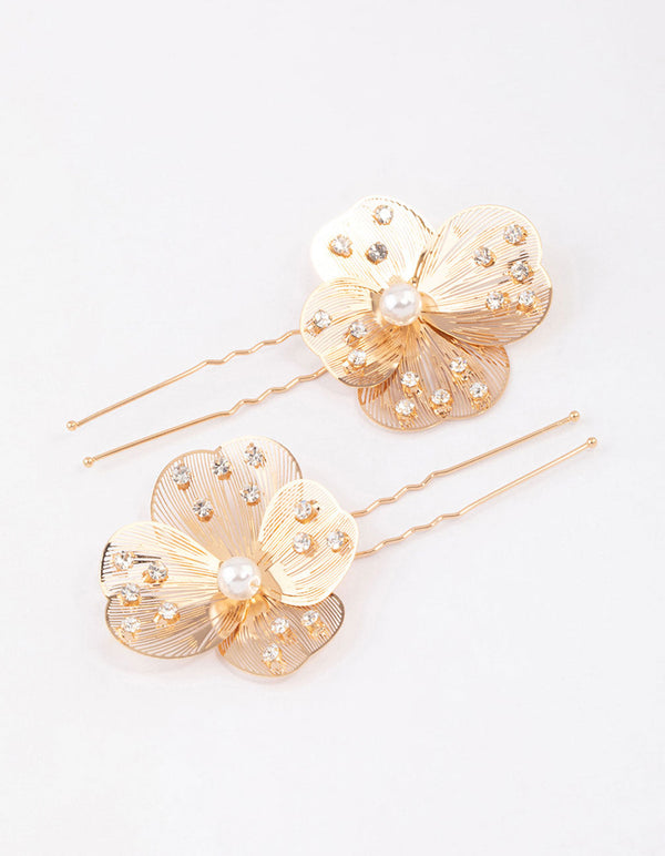 Gold Pearl Etched Flower Hair Pin Pack