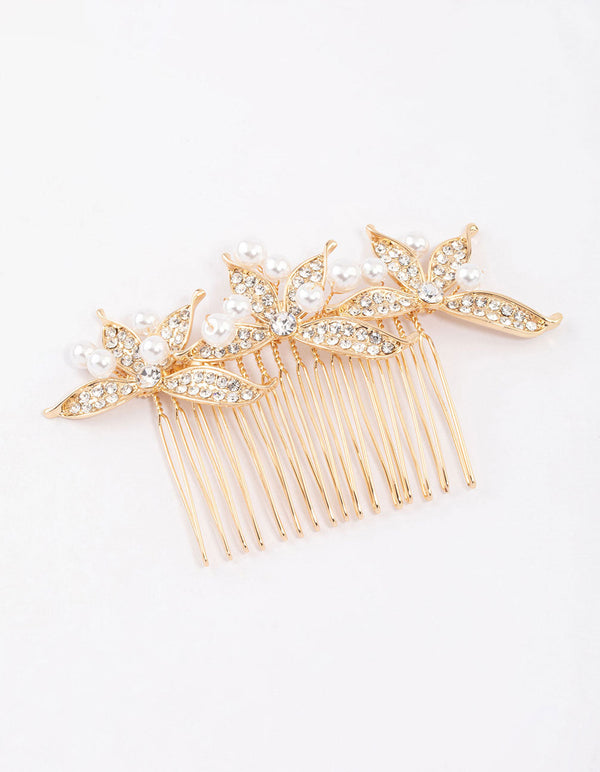 Gold Diamante & Pearl Trio Hair Comb