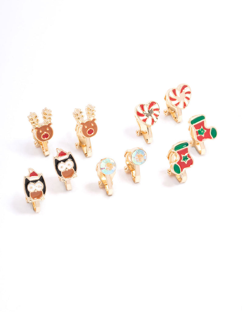 Kids Gold Christmas Clip On Earrings 5-Pack