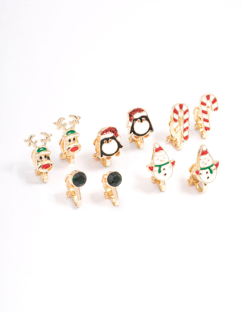 Kids Christmas Penguin Clip On Earrings 5-Pack