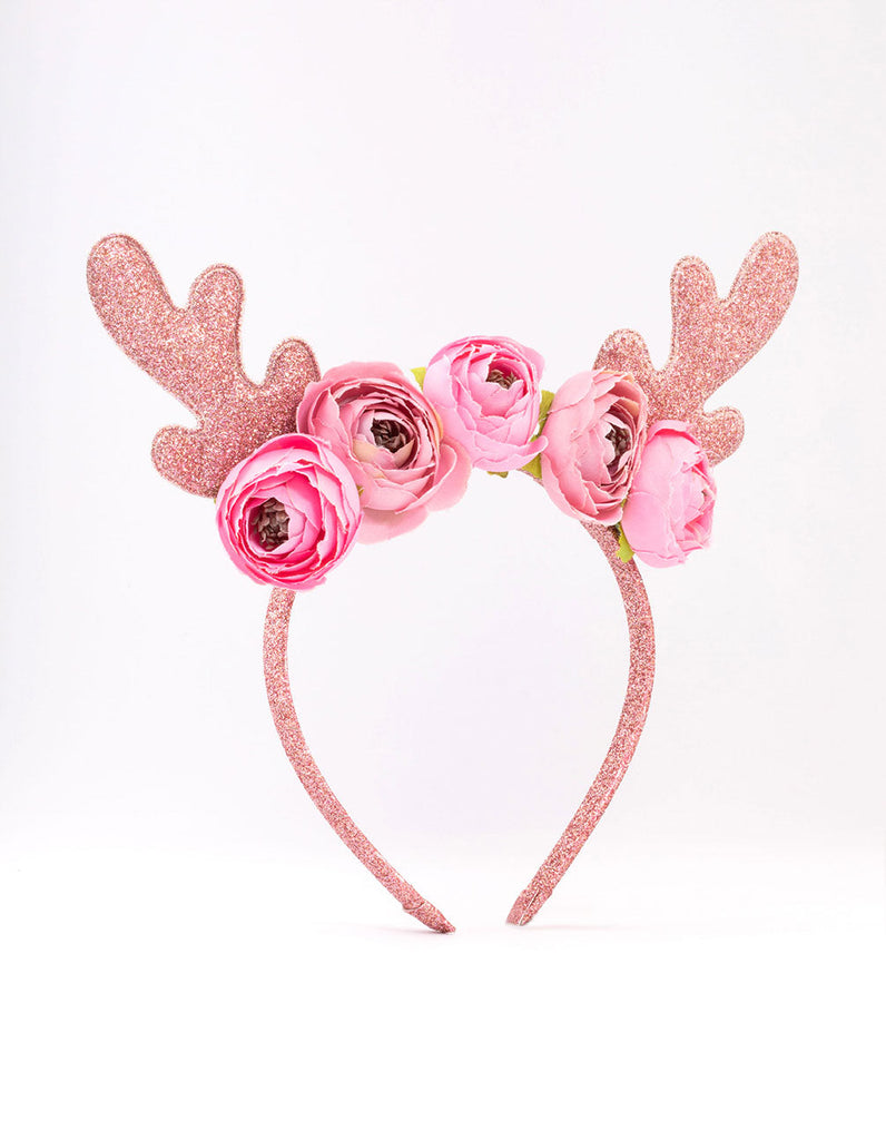 Kids Fabric Christmas Glitter & Flower Antler Headband
