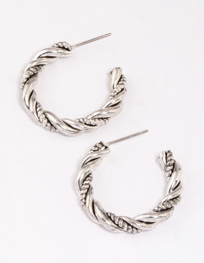 Antique Silver Textured Twisted Hoop Earrings