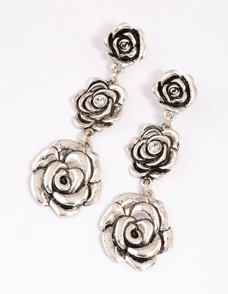 Antique Silver Triple Row Diamante Flower Drop Earrings