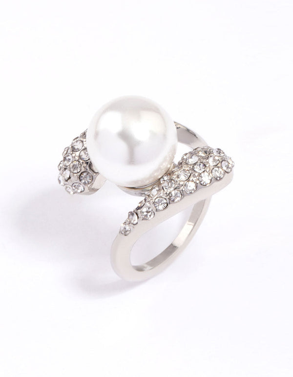 Rhodium Paved Statement Pearl Ring
