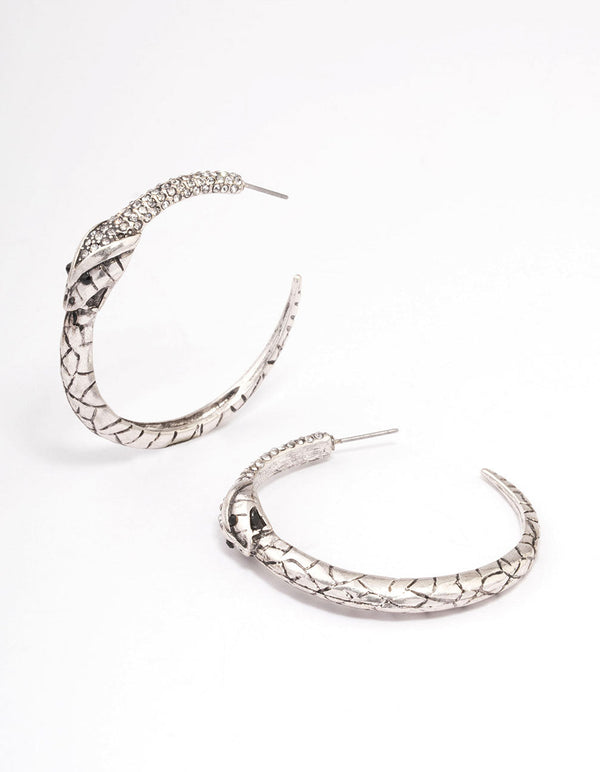 Brushed Silver Snake Textured Hoop Earrings