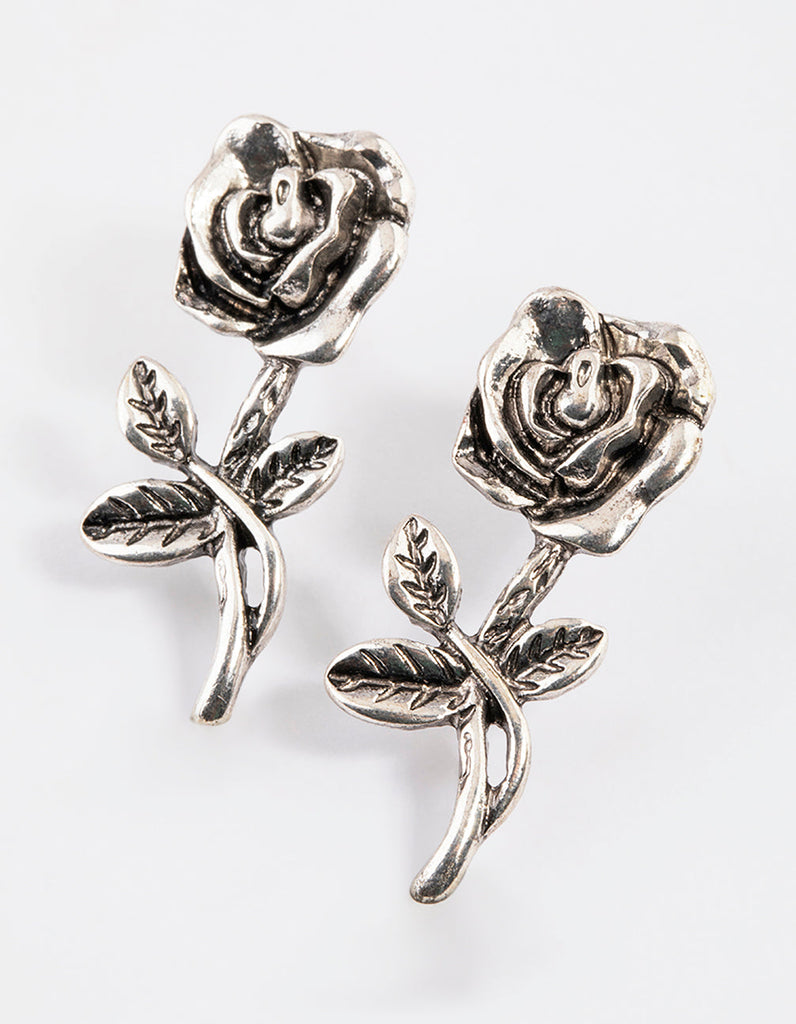 Antique Silver Gothic Flower Stud Earrings