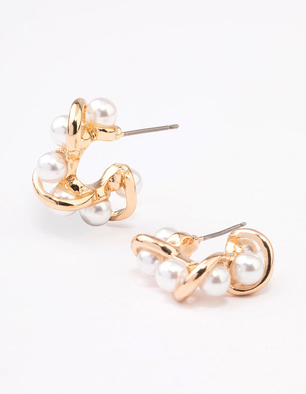 Gold Small Twisted Pearly Hoop Earrings