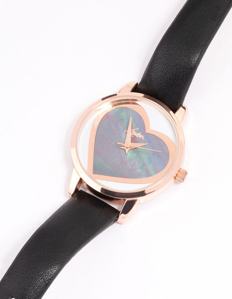 Rose Gold Coloured & Faux Leather Large Heart Face Watch